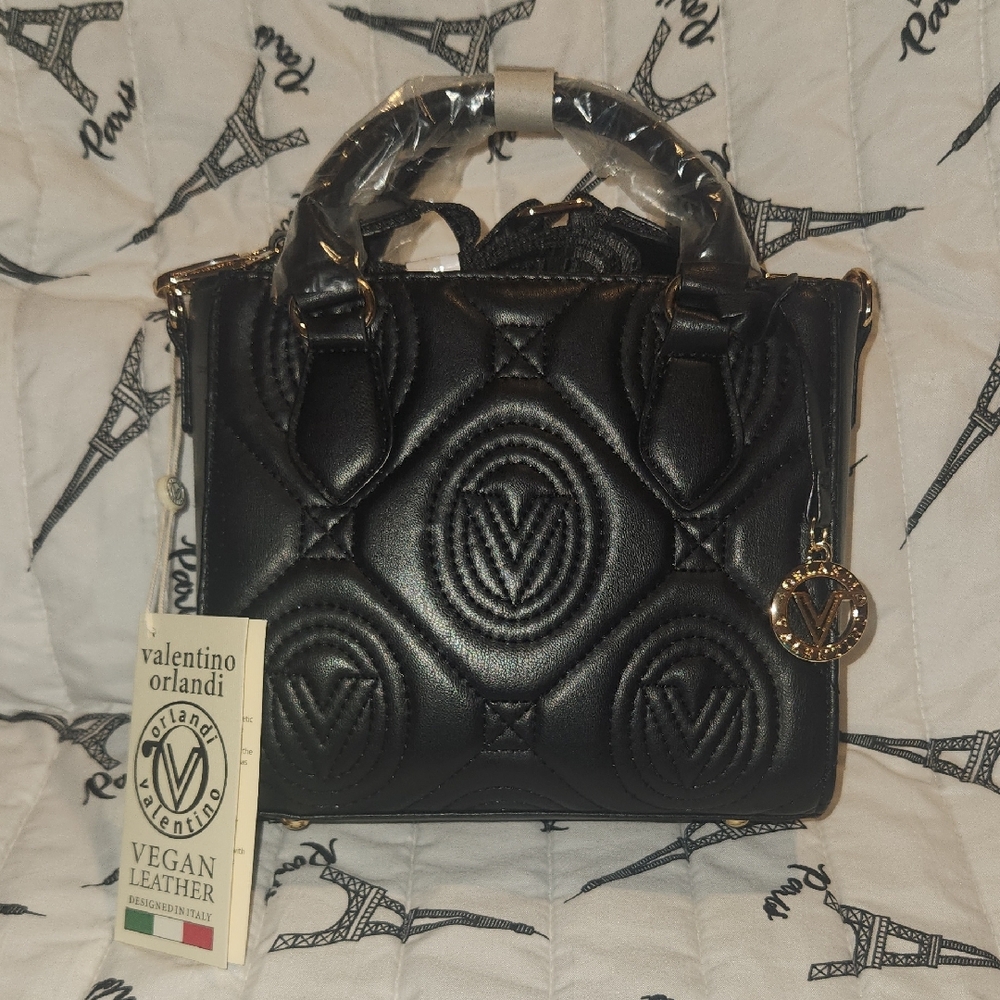 NWT Valentino Orlandi Vegan Leather Black Mini Bag with Quilted Design Crossbody
